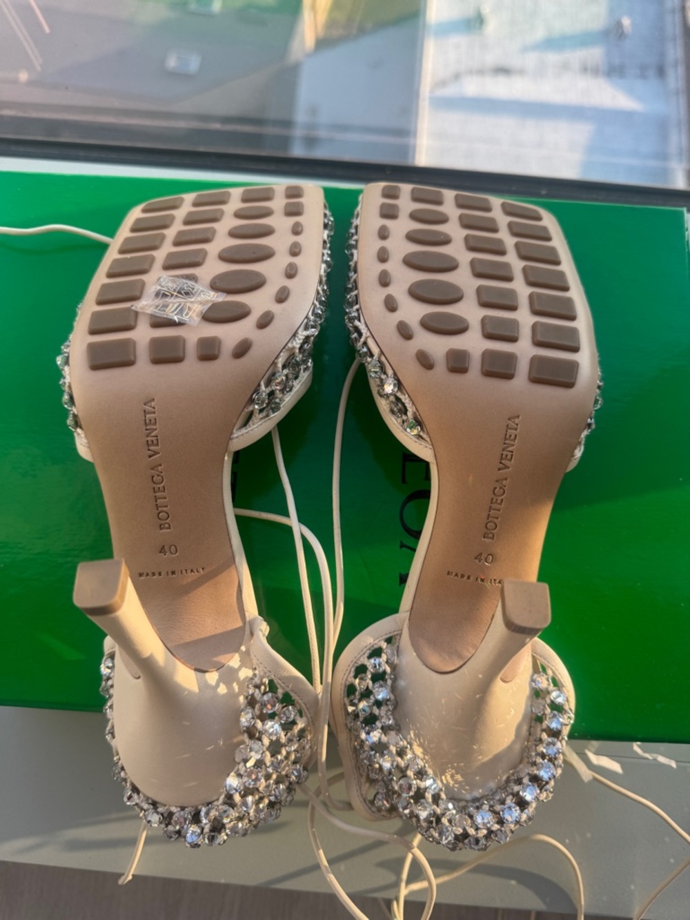 Bottega Veneta Crystal-Embellished Beige Ankle-Tie Heels - Picture 4 of 5